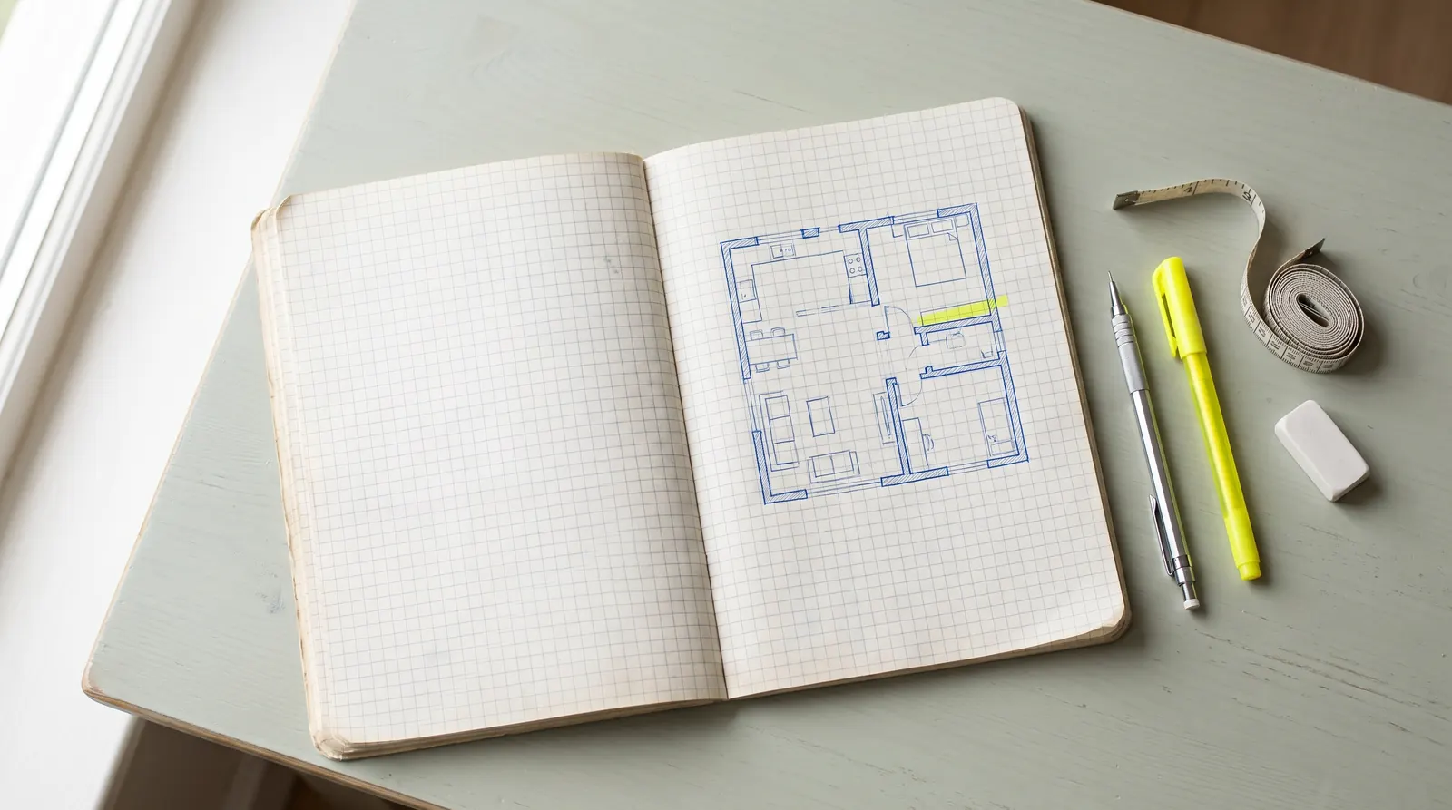 An open grid paper notebook with a hand drawn floor plan, a pencil, a yellow highlighter and a tape measure